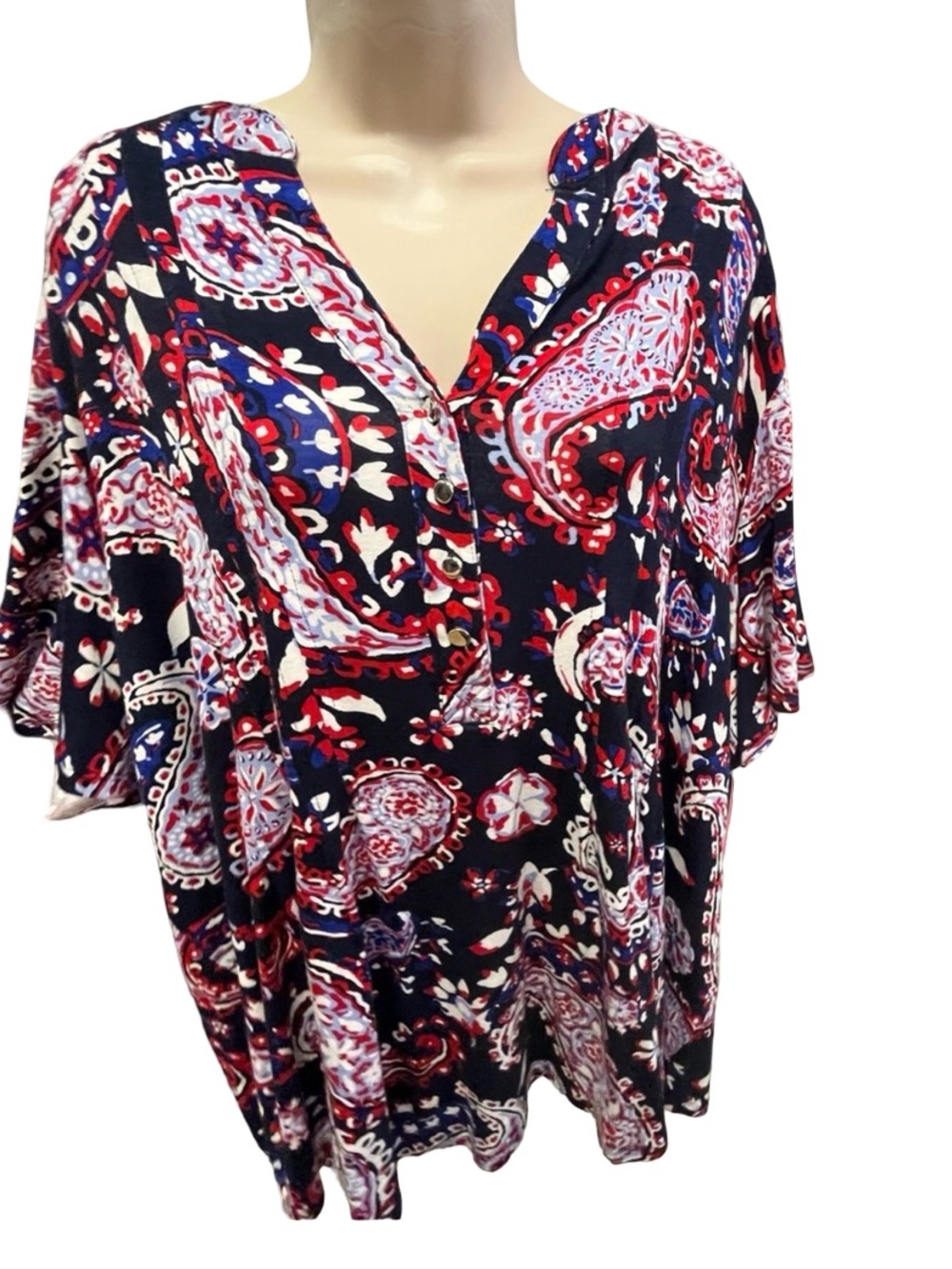 1603/ Kim Roger’s Women's Navy Paisley V-Neck Blouse with Red & White Accents